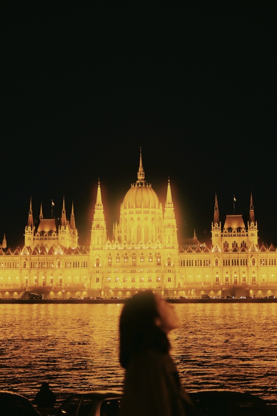 Shanna in silhouette in front of the Hungarian Parliament lit up gold at night, Budapest
